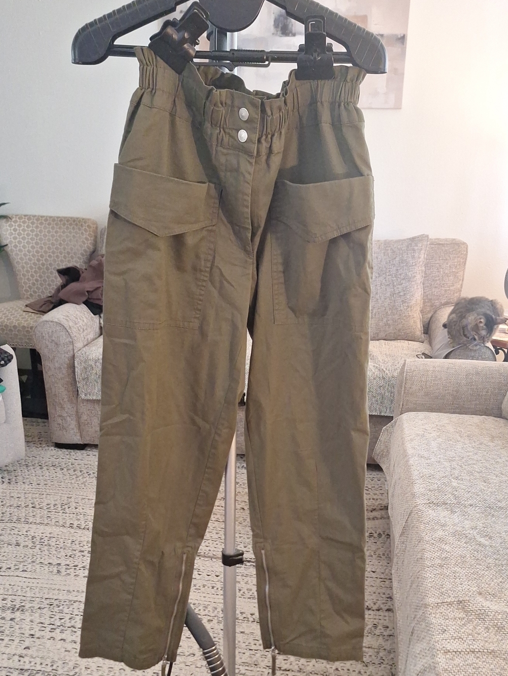 BCBG Olive Green Cargo Pants with Paperbag Waist